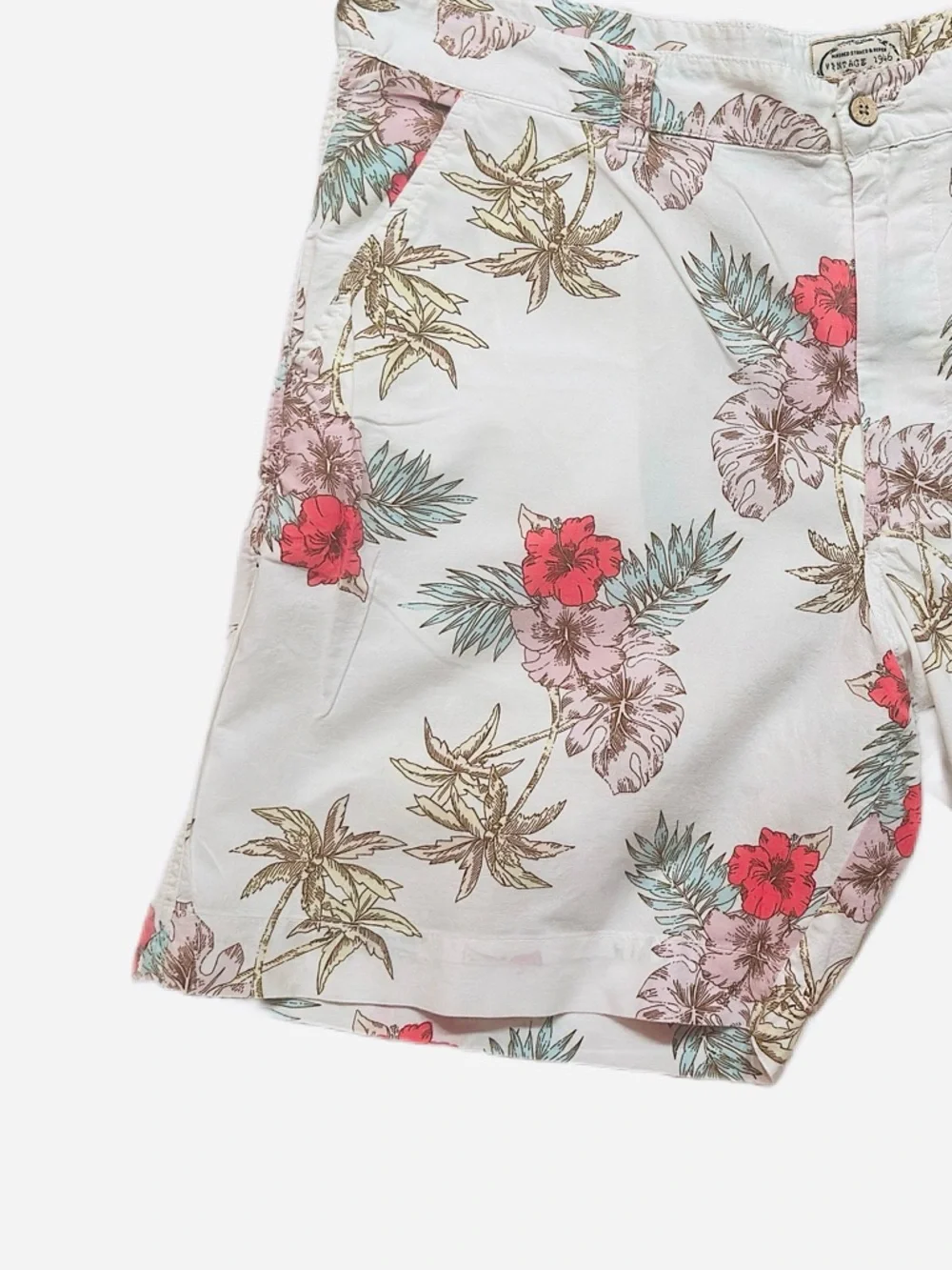 VINTAGE 1946 ~ White Tropical Print Cotton Bermuda Shorts w/Red Green Accents